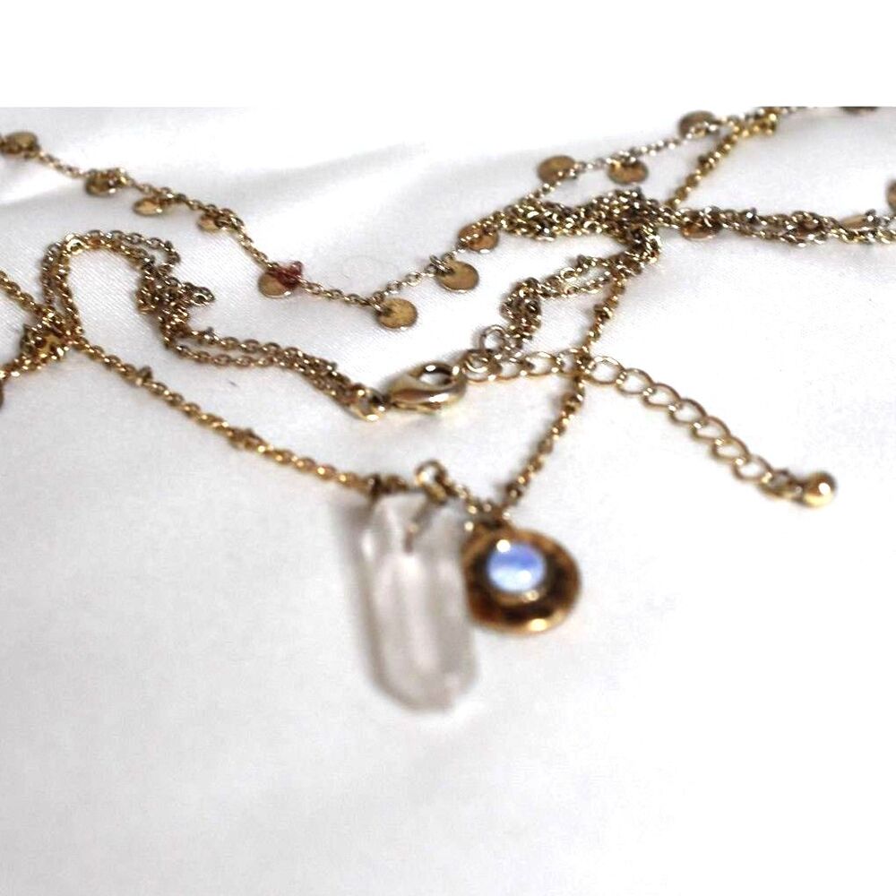 Enchanting Double Layer Gold Tone Clear Crystal Moonstone Charm 24" Necklace